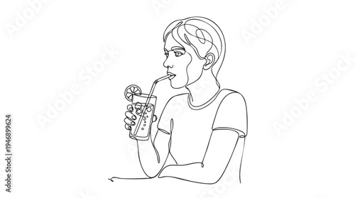 A continuous line drawing depicts a young woman taking a sip of a refreshing drink from a glass adorned with a lemon slice and straw.