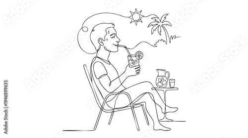 A man enjoys a refreshing drink under the sun with a palm tree in the background, depicted in a minimalist single-line art style.