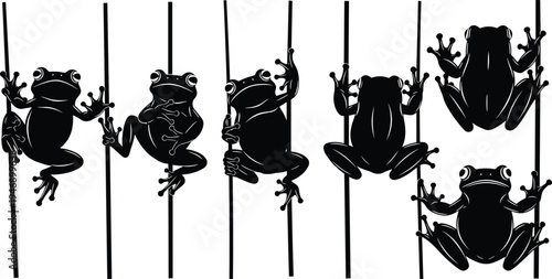 lack silhouette collection of frogs climbing reeds, amphibian vector icons for wildlife, nature, biology, education, and decorative design