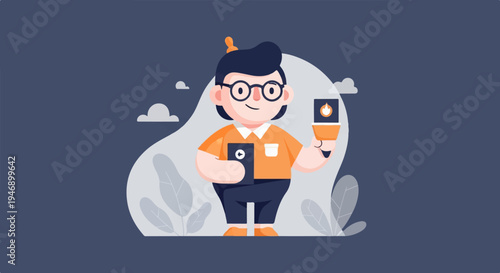 Cheerful character with glasses holds a tablet and a coffee cup with a flame icon