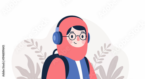 A stylized, smiling person in a red suit and headphones, with a backpack, stands amidst abstract leaves