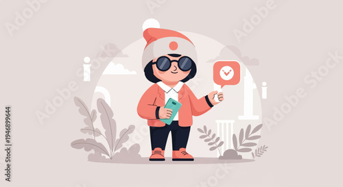 Cheerful character with smartphone and positive affirmation icon, surrounded by abstract elements