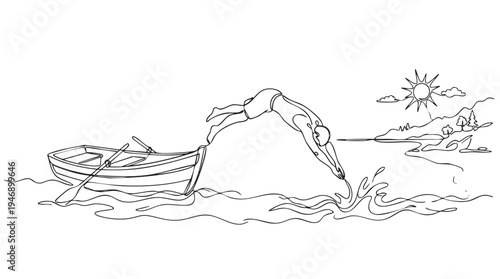 A dynamic one line drawing shows a person leaping from a rowboat into the ocean, with a sunny landscape in the background.