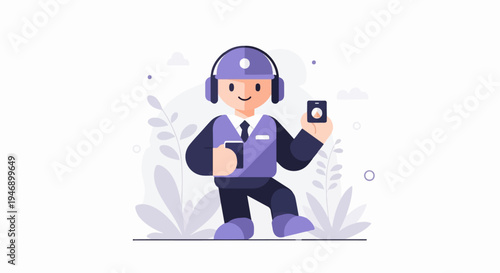 Cheerful individual in purple attire, wearing headphones, holding phone and selfie stick