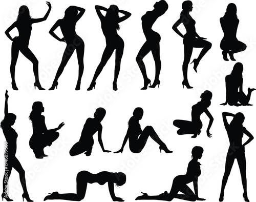 Silhouette woman poses, fashion model high heels, stylish female figure positions, standing sitting kneeling reclining, artistic design reference illustration collection