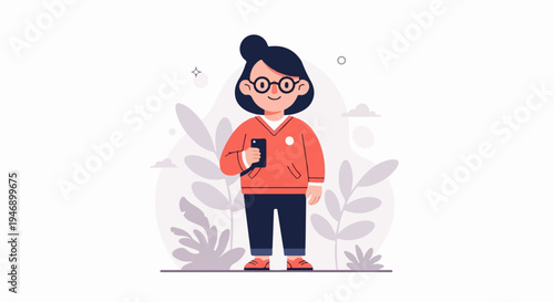 Cartoon character with glasses holding a phone, surrounded by abstract foliage and soft sky elements