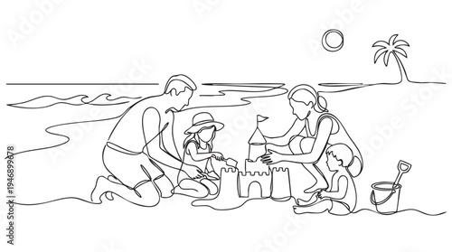 A continuous line drawing depicts a happy family building a sandcastle on a sunny beach with a palm tree and ocean waves.
