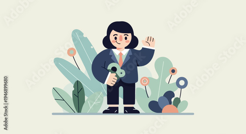 Cheerful business person holding a key amidst stylized foliage and flowers