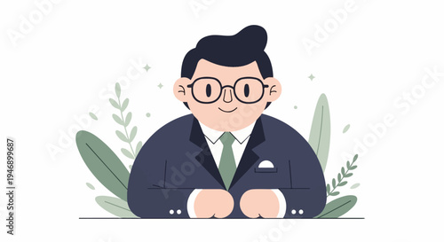 Animated man in a suit, with glasses and a tie, sits by green plants