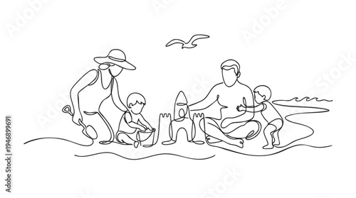 Minimalist continuous line drawing of a happy family building a sandcastle on the beach, featuring parents and two children playing together by the sea.