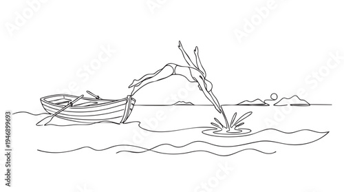 A minimalist line drawing depicts a woman in mid-air, diving into the water from a rowboat, with a scenic background.