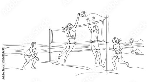 Energetic one-line drawing of a beach volleyball game with people jumping and playing on a sandy court with a sunset in the background.