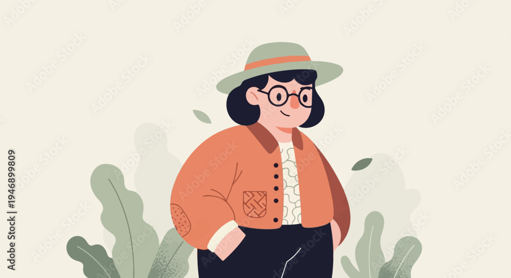 Obraz premium A stylized, cheerful person in a wide-brimmed hat and orange jacket stands among abstract foliage