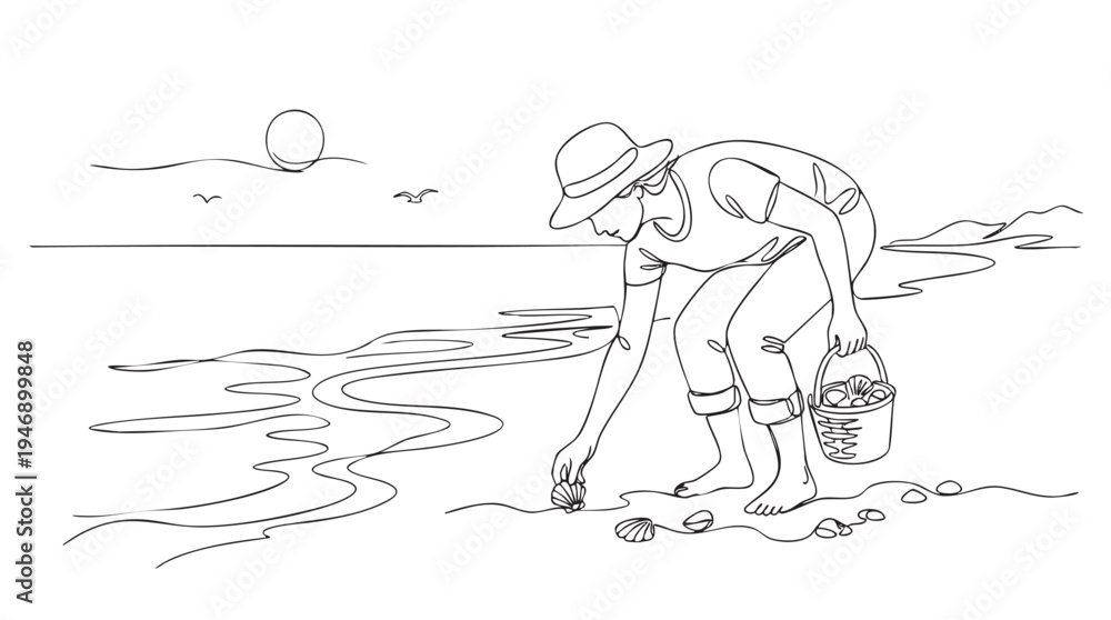 Obraz premium A single continuous line drawing shows a person in a hat collecting seashells on a beach with waves and a sun.