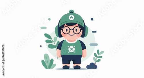 A cartoon character with headphones and glasses, wearing a green shirt with a white symbol
