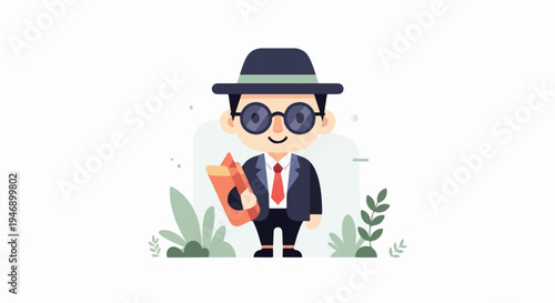 A stylized character in a hat and suit holds a book