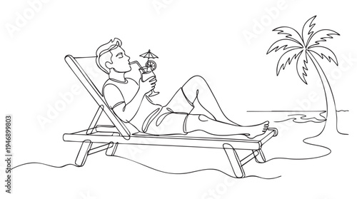 A minimalist line drawing shows a young man in shorts and a t-shirt lounging on a deck chair, enjoying a cocktail with a mini umbrella and a slice of citrus.