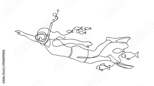 A minimalist one-line drawing depicts a snorkeler in full gear gliding through the water, accompanied by a school of fish.