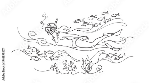 A woman with a scuba mask dives underwater, surrounded by schools of fish and coral in this minimalist line art illustration.