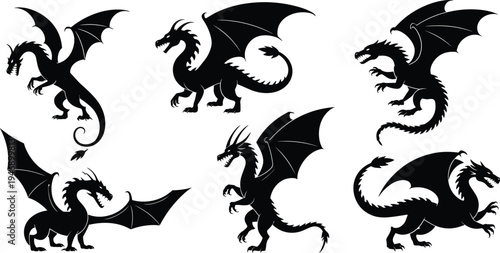 Black dragon silhouette collection, fantasy winged dragon vector set, mythical medieval creatures illustration, gothic monster tattoo design isolated icons