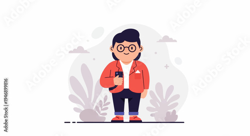 Person with glasses and phone, wearing red jacket and dark pants