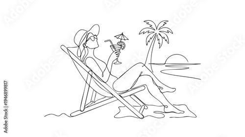 Minimalist line art illustration of a woman in a sun hat and sunglasses, holding a cocktail, relaxing in a beach chair under a palm tree with a sunset over the ocean.