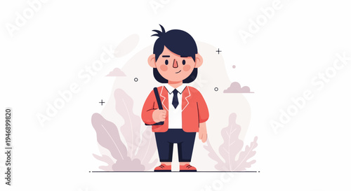 Stylized cartoon figure in business attire carrying a satchel, surrounded by abstract flora and clouds