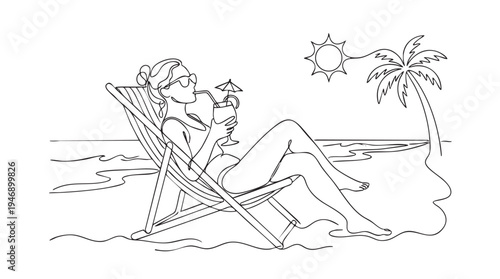 A minimalist line drawing shows a woman in a swimsuit relaxing in a beach chair, holding a cocktail, with a palm tree and sun in the background.