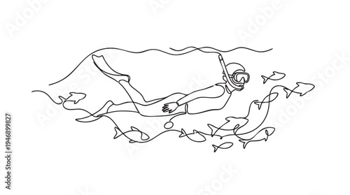 A minimalist, single-line illustration depicts a snorkeler gracefully swimming alongside a school of fish in the ocean.