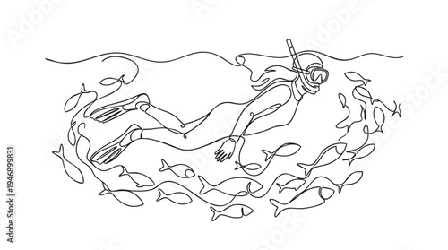 A minimalist illustration depicts a woman in a snorkeling mask and fins swimming with a large school of fish in a stylized underwater scene.