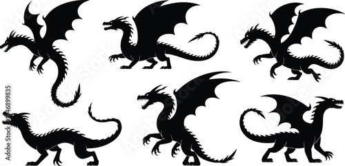 Black dragon silhouettes set, fantasy winged dragon vector collection, mythical medieval creatures isolated, tattoo style monster icons illustration pack design