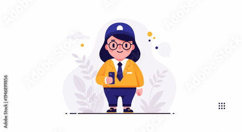 A cheerful person wearing a cap, glasses, and a yellow jacket holds a phone