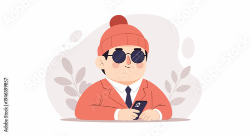 A stylized cartoon man in a coral beanie and jacket holds a smartphone, with abstract background elements