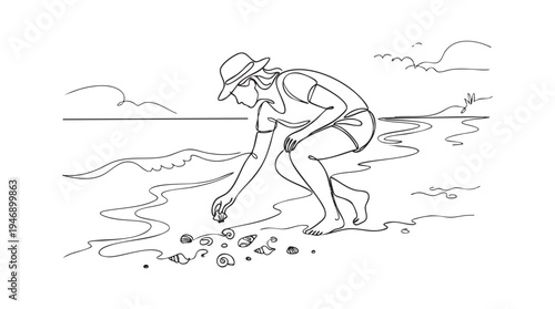 A minimalist line drawing depicts a person wearing a hat, bending down to collect shells on a sandy beach with gentle waves and distant clouds.