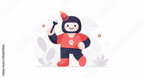 A cartoon character in a red and dark blue outfit, wearing a party hat, holds a microphone