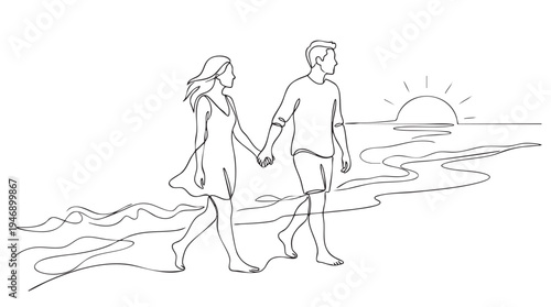 A minimalist line drawing depicts a couple holding hands and walking along a beach during sunset, evoking romance and tranquility.