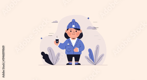Cartoon person in winter attire holds a steaming cup amidst stylized nature elements