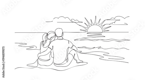A minimalist line drawing captures a couple embracing on a beach, watching a beautiful sun setting over the ocean, evoking romance and tranquility.