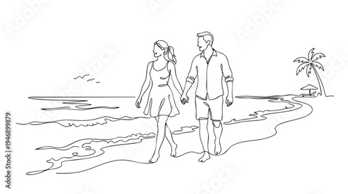 A minimalist black and white line drawing depicts a couple holding hands and walking along a serene beach with the ocean, palm tree, and umbrella in the background.
