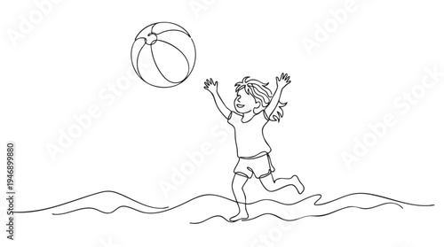 A joyful child's line drawing captures the fun of playing with a beach ball on wavy terrain, evoking a carefree summer mood.