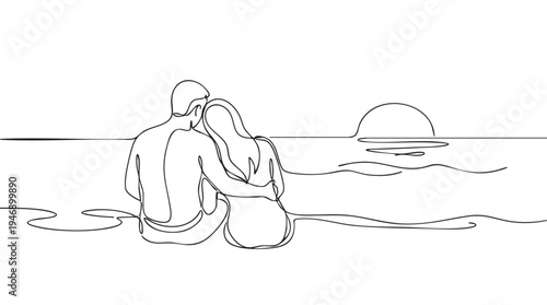 A minimalist black and white line drawing of a couple embracing on a beach, watching the sun set over the ocean, evoking romance and tranquility.