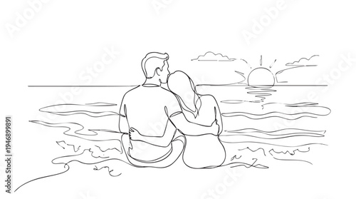 A minimalist line art illustration of a man and woman embracing on a beach, watching the sunset over the ocean, evoking romance and tranquility.
