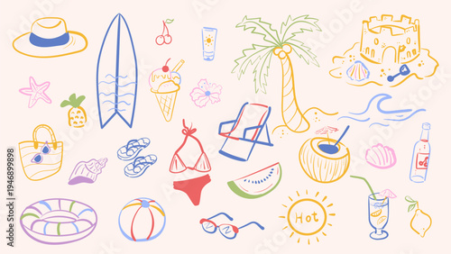 Summer colorful doodle set with beach and vacation elements in ink line style. Hand drawn palm tree, surfboard, swimsuit, ice cream, tropical drinks and seaside icons isolated on light background. Sui