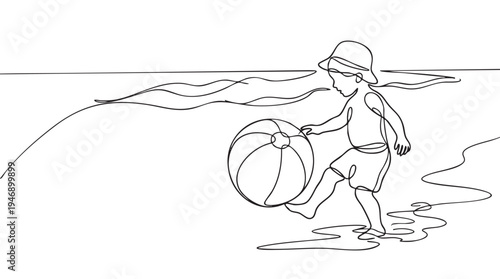 A minimalist line art drawing depicts a child wearing a hat and shorts playing with a striped beach ball at the edge of the ocean waves.