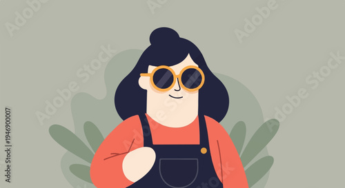 A person in overalls and sunglasses, with dark hair and a simple smile, is illustrated