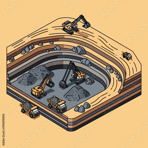 Isometric illustration of an open-pit mine with excavators, trucks, and layered earth.