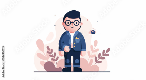 A stylized cartoon character wearing glasses, a blue jacket, and dark pants stands amidst abstract floral shapes