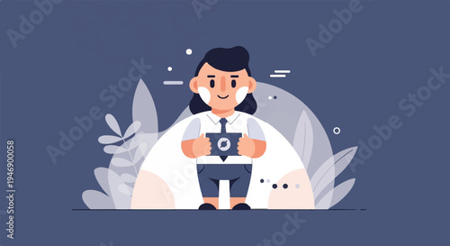 A stylized figure in a white shirt and tie holds a tablet with a circular emblem