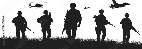 Silhouette soldiers with rifles, military operation scene, helicopter jet aircraft support, army patrol illustration, defense concept, shadow figures, war design art