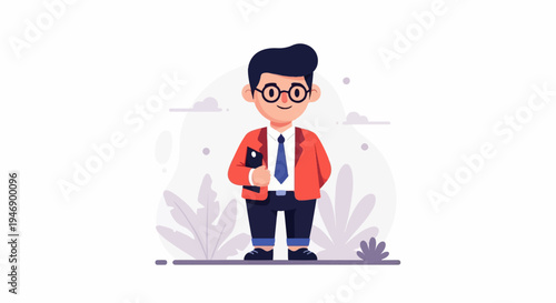 Animated professional in a suit, holding a tablet, stands outdoors with abstract flora